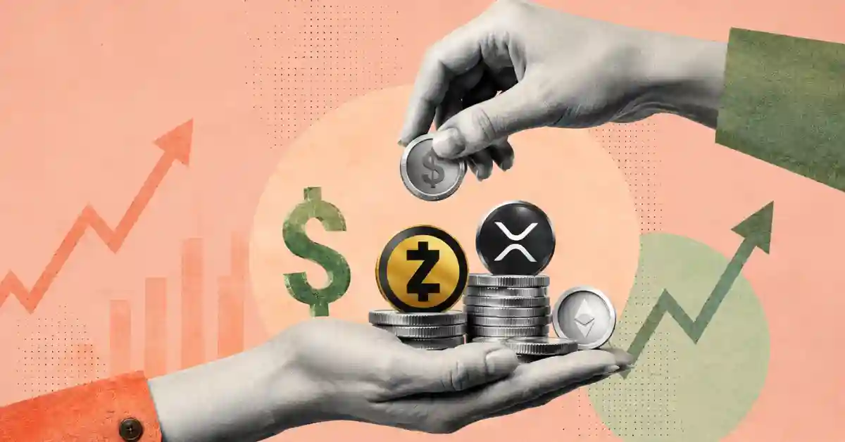Hands stacking coins for Zcash, XRP, and Ethereum next to rising green chart arrows.