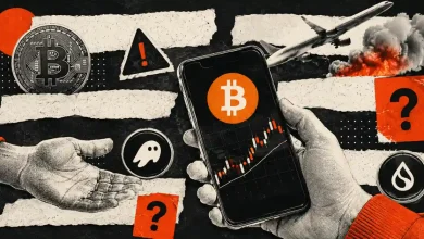 Phone displaying Bitcoin chart surrounded by a plane crash graphic, warning signs, and crypto icons.