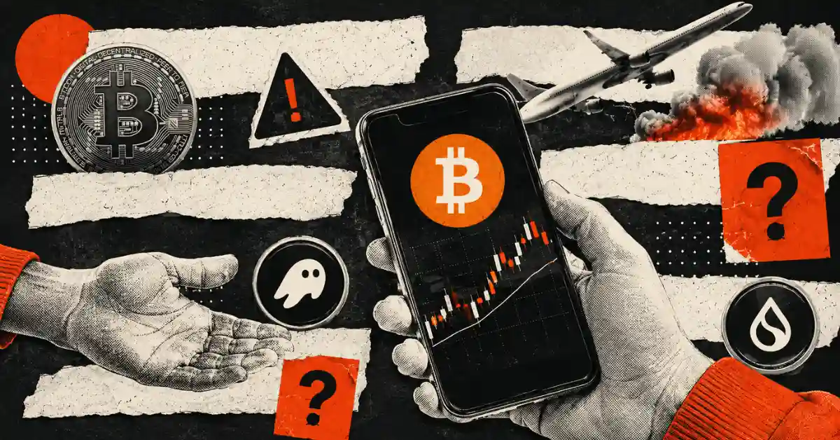 Phone displaying Bitcoin chart surrounded by a plane crash graphic, warning signs, and crypto icons.