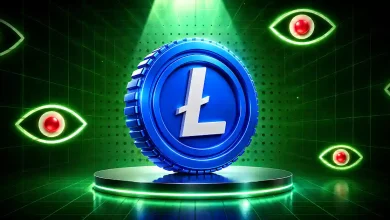 Glowing blue Litecoin coin on a stage surrounded by glowing green eyes.