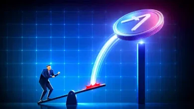 Businessman launching a large glowing Aave coin into the air using a seesaw lever.