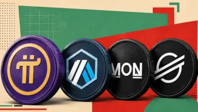 Row of altcoin tokens including Pi Network, Arbitrum, Monad, and Stellar.