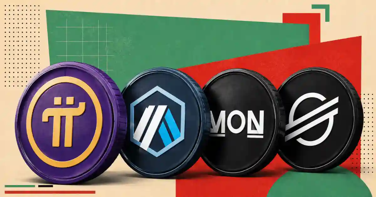 Row of altcoin tokens including Pi Network, Arbitrum, Monad, and Stellar.
