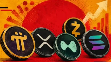 Row of crypto coins including Pi Network, XRP, Hyperliquid, Zcash, and Solana.
