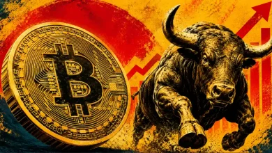 Golden Bitcoin coin next to a charging bull and rising growth chart.