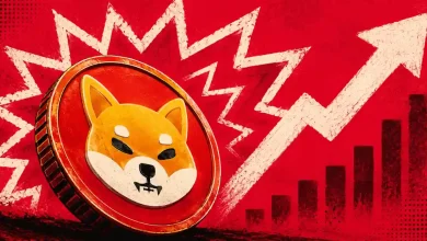 Shiba Inu coin beside a sharp upward arrow and growth chart on a red background.