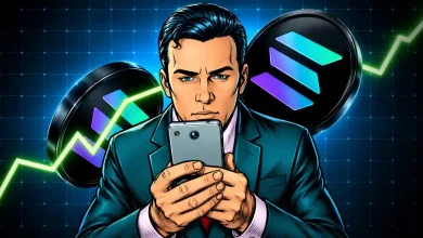 Man staring at a smartphone with Solana coins and a green line chart behind him.