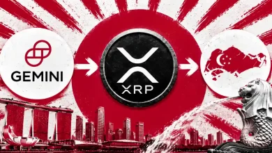 Gemini logo pointing to XRP coin and Singapore map above the Merlion skyline.