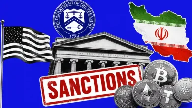 US Treasury building and Iran map with a red Sanctions stamp over crypto coins.
