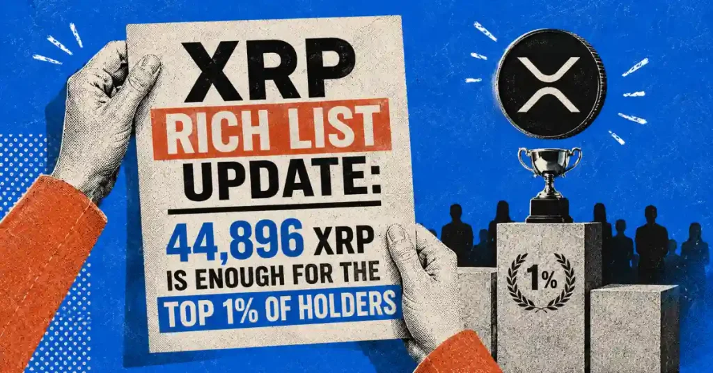 Hands holding a poster reading XRP Rich List Update with a 1% trophy podium and XRP coin.