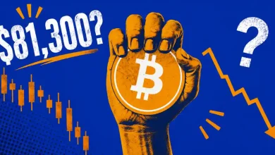 Fist clutching a Bitcoin coin surrounded by falling price charts and $81,300 text.