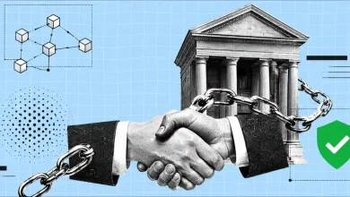 Handshake bound by metal chains in front of a bank building and blockchain diagram.