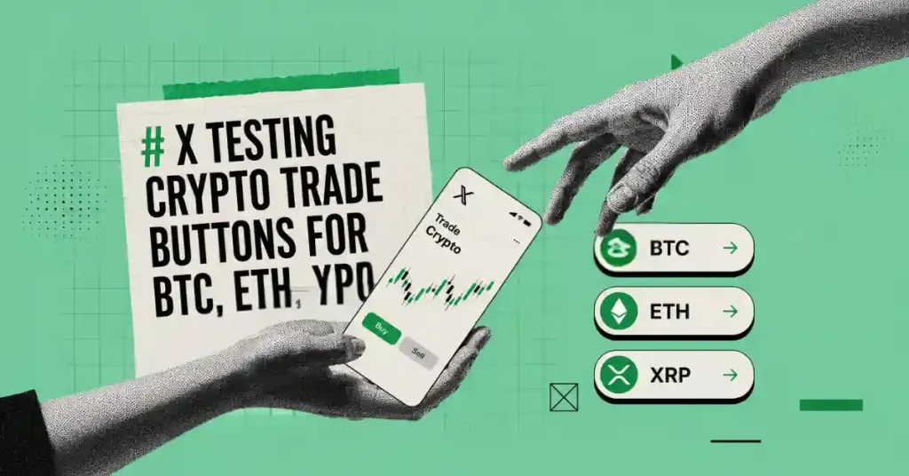 Hand holding a phone with a trade chart near BTC, ETH, and XRP buttons.