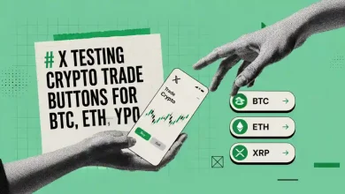 Hand holding a phone with a trade chart near BTC, ETH, and XRP buttons.