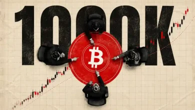 Four figures seated around a red Bitcoin logo set against 100K text and rising price charts.