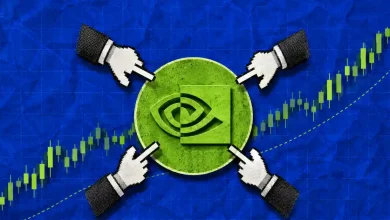 Four pixelated hands pointing at the green NVIDIA logo over a rising stock chart.
