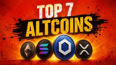 TOP 7 ALTCOINS text above Ethereum, Solana, Chainlink, and XRP coins on a red background.
