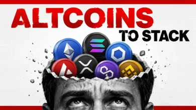 Head of a man filled with altcoin logos including ETH, SOL, LINK, AVAX, XRP, MATIC, and BNB.
