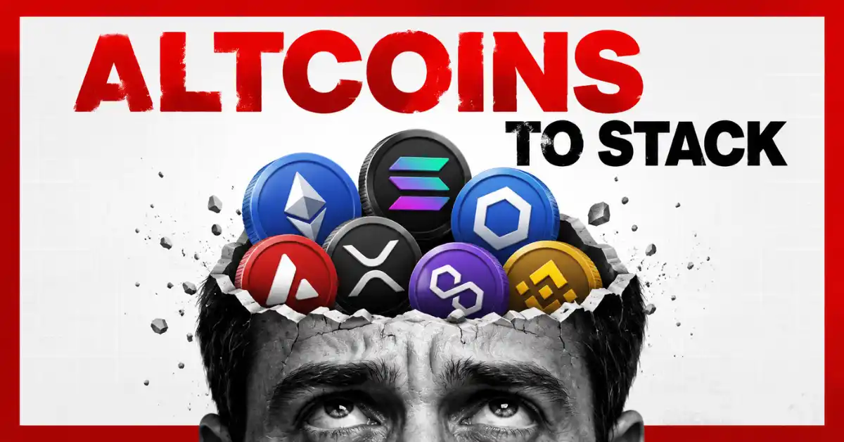Head of a man filled with altcoin logos including ETH, SOL, LINK, AVAX, XRP, MATIC, and BNB.