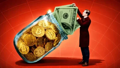 Man inserting US dollar bills into a jar filled with golden Bitcoin coins.