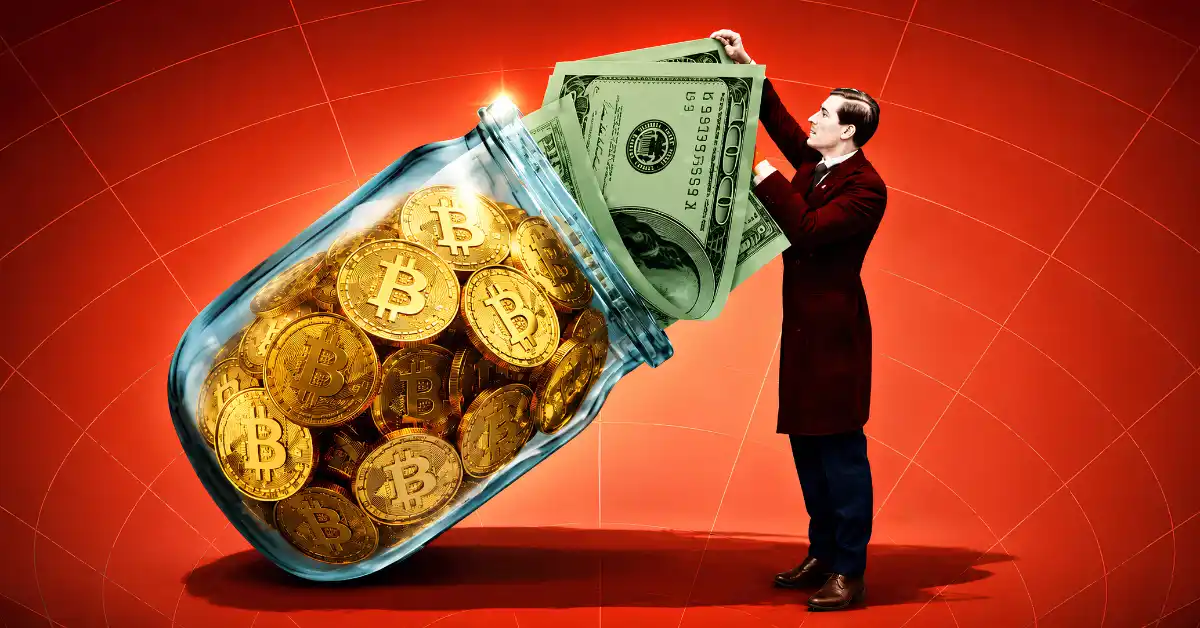 Man inserting US dollar bills into a jar filled with golden Bitcoin coins.