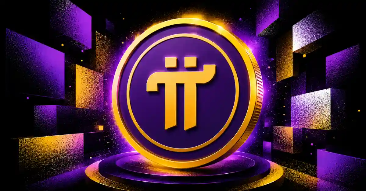 Glowing gold and purple Pi Network coin on a pedestal surrounded by 3D blocks.