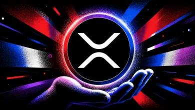 Glowing XRP logo resting above an outstretched hand with red and blue light rays.