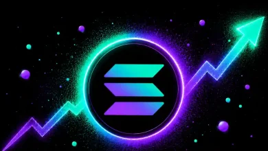 Glowing Solana logo with a rising cyan green trend line.