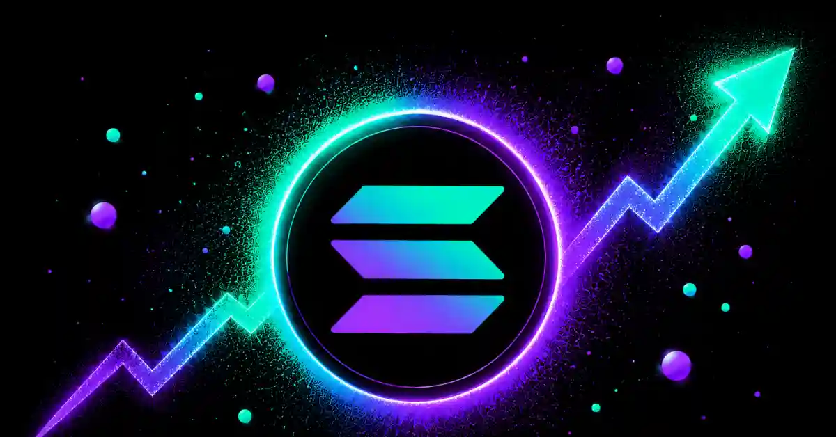 Glowing Solana logo with a rising cyan green trend line.