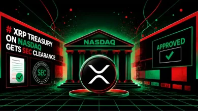 XRP logo centered before Nasdaq building, SEC seal, and APPROVED checkmarks.