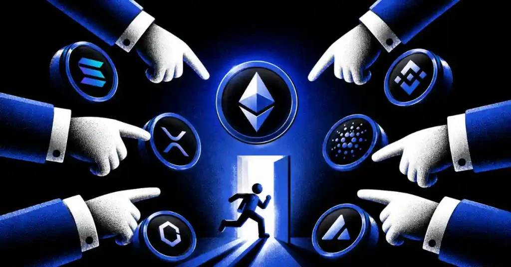 Hands in blue suits pointing to altcoin logos while a figure escapes toward a door under Ethereum.