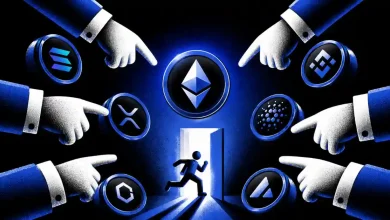 Hands in blue suits pointing to altcoin logos while a figure escapes toward a door under Ethereum.