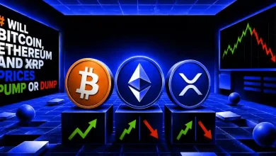 Bitcoin, Ethereum, and XRP coins on pedestals with pump and dump arrows near market charts.