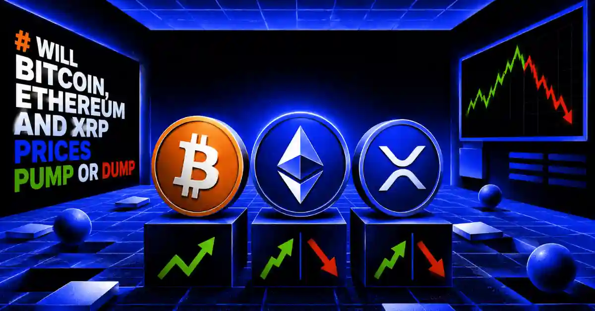 Bitcoin, Ethereum, and XRP coins on pedestals with pump and dump arrows near market charts.