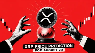 Hands hovering over an XRP crystal ball set against rising price charts.