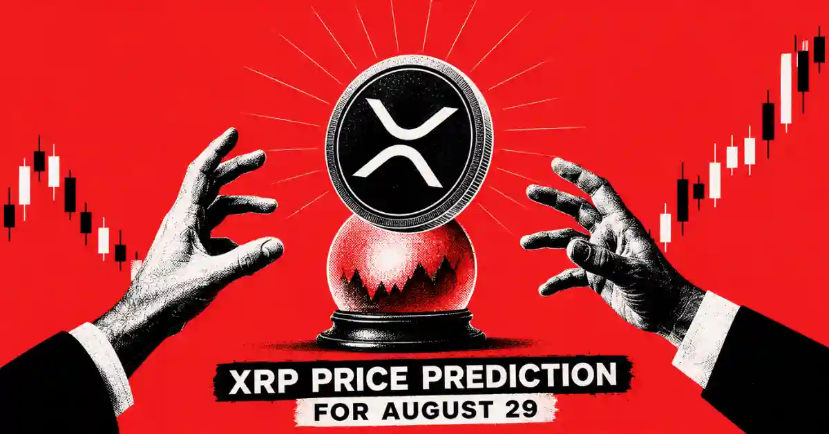 Hands hovering over an XRP crystal ball set against rising price charts.