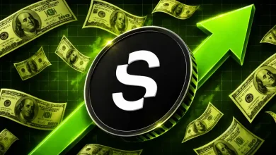 Seeker SKR coin next to an upward green arrow and floating dollar bills.