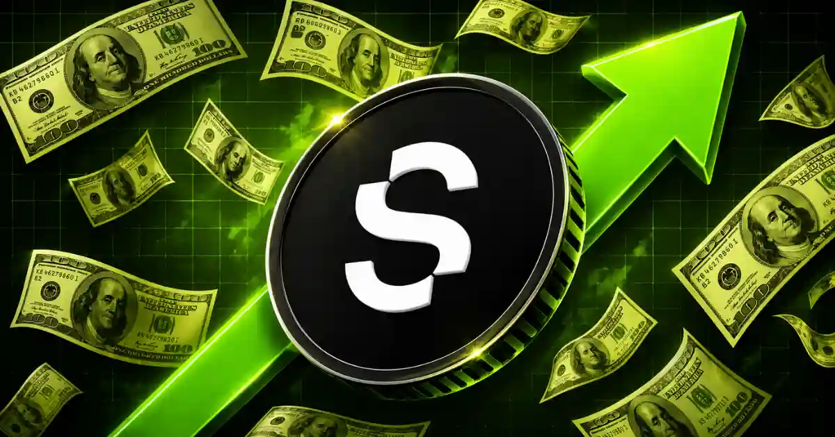 Seeker SKR coin next to an upward green arrow and floating dollar bills.