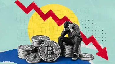 Stressed trader sitting on Bitcoin stack under a falling red trend line.