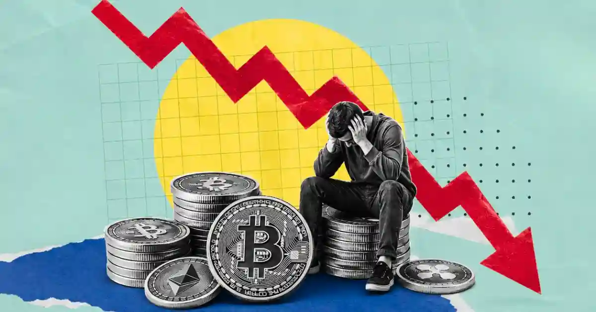 Stressed trader sitting on Bitcoin stack under a falling red trend line.