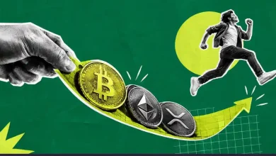 Man running up an upward green arrow with BTC, ETH, and XRP coins.