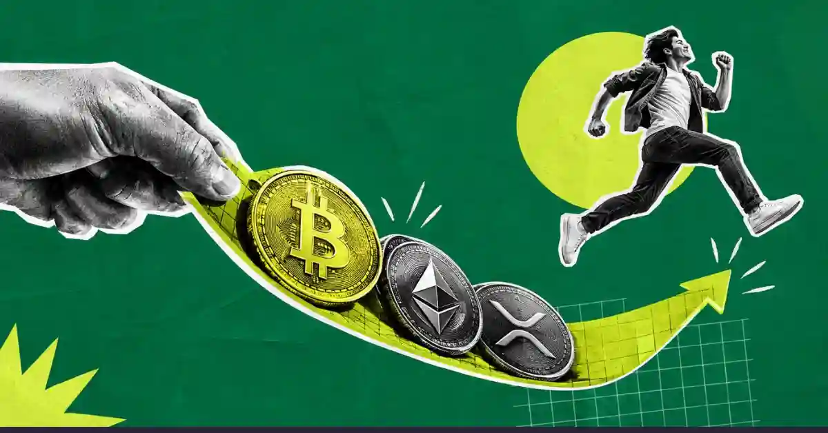 Man running up an upward green arrow with BTC, ETH, and XRP coins.