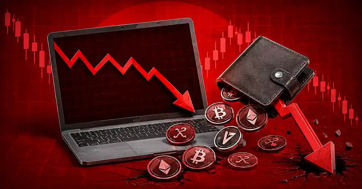 Red downward trend line over laptop with crypto wallet spilling coins.