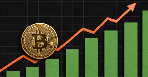 Gold Bitcoin coin next to rising green chart bars and upward arrow.