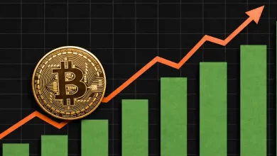 Gold Bitcoin coin next to rising green chart bars and upward arrow.