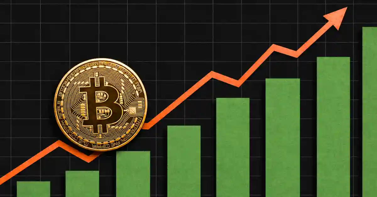 Gold Bitcoin coin next to rising green chart bars and upward arrow.