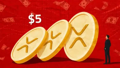 Investor looking at gold XRP coins with a $5 price text on red background.