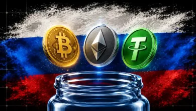 Bitcoin, Ethereum, and Tether coins over glass jar against Russian flag background.