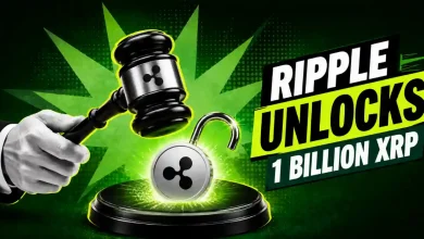 Gavel with Ripple logo strikes next to an unlocked XRP padlock.