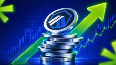 Arbitrum coins stacked beside a rising green price chart arrow.